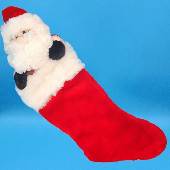 Vintage 1990s Santa Plush Stocking Furry Santa Face Gold Glasses Plaid Bow 26" - Picture 6 of 11